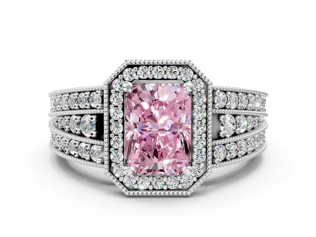 Silver Fancy Pink Radiant Cut Halo Diamond Split Shank Ring with Prong Setting_18