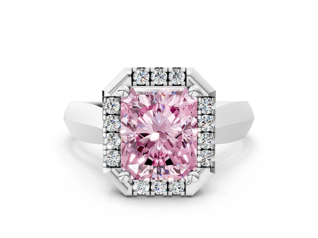 Silver Fancy Pink Radiant  Cut Halo Solitaire Engagement Ring with Square Band and Four-Prong Setting_18