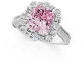 Silver Fancy Pink Radiant  Halo Milgrain Pave Diamond Ring with Four-Prong Setting 2