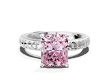 Silver Fancy Pink Radiant  Solitaire Diamond Engagement Ring with XO Engraved Band and Four-Prong Setting 2
