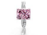 Silver Fancy Pink Radiant  Solitaire Twisted Pave Diamond Ring with Four-Prong Setting