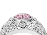 Silver Fancy Pink Round Cut Brilliant Halo Pave Diamond Milgrain Ring_10