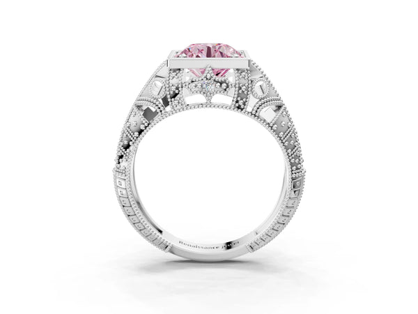 Silver Fancy Pink Round Cut Brilliant Milgrain Filigree Diamond Ring with Square Prong Setting