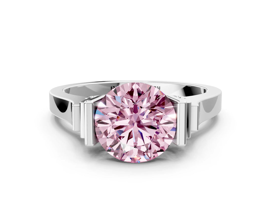 Silver Fancy Pink Round Cut Brilliant Solitaire Diamond Ring with Channel Set Band and Bar Prong Setting_6