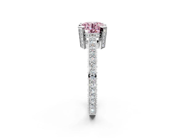 Silver Fancy Pink Round Cut Brilliant Split Shank Pave Solitaire Ring with Four-Prong Setting