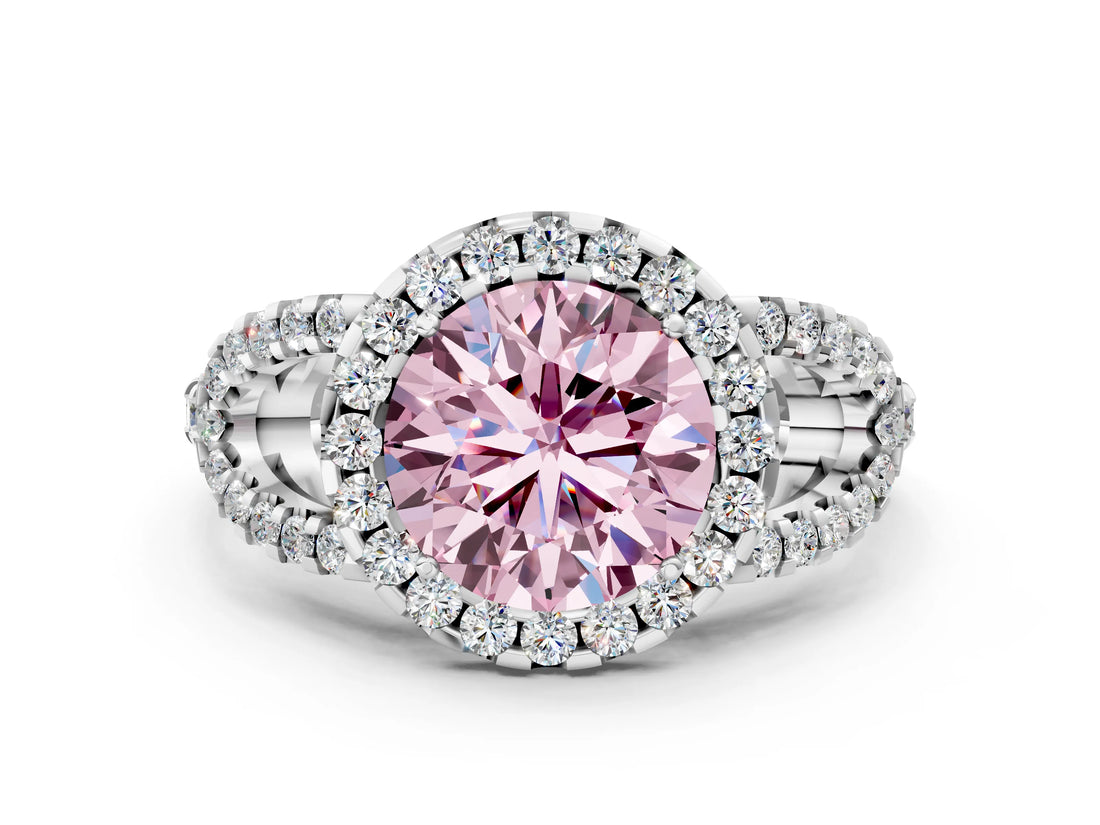 Silver Fancy Pink Round Cut Cut Diamond Halo Engagement Ring with Open Split Pavé Band_6