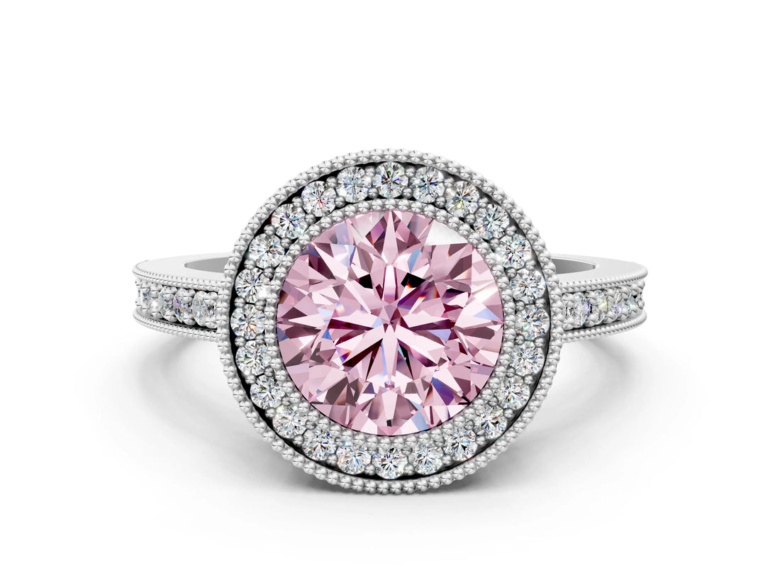 Silver Fancy Pink Round Cut-Cut Diamond Halo Engagement Ring with Pave Band and Prong Setting_6