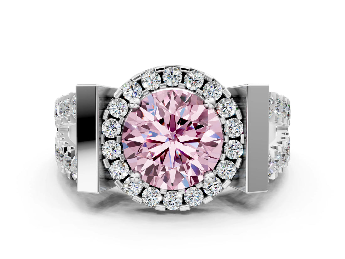 Silver Fancy Pink Round Cut Cut Halo Split Shank Prong Set Ring_12