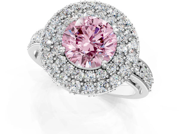 Silver Fancy Pink Round Cut Diamond Double Halo Ring with Pavé Band and Four-Prong Setting