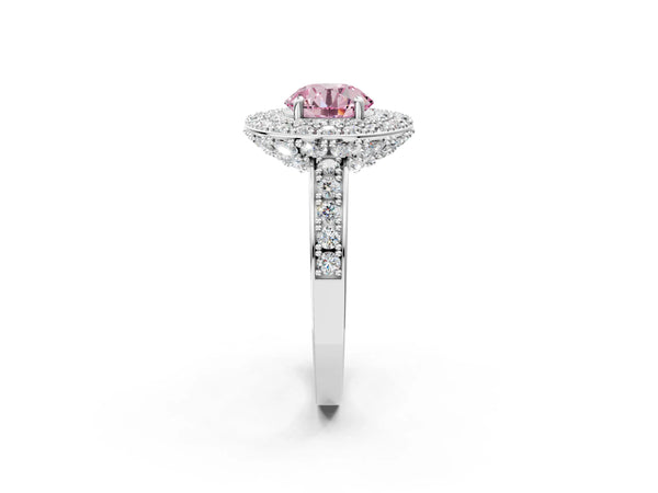 Silver Fancy Pink Round Cut Diamond Double Halo Ring with Pavé Band and Four-Prong Setting