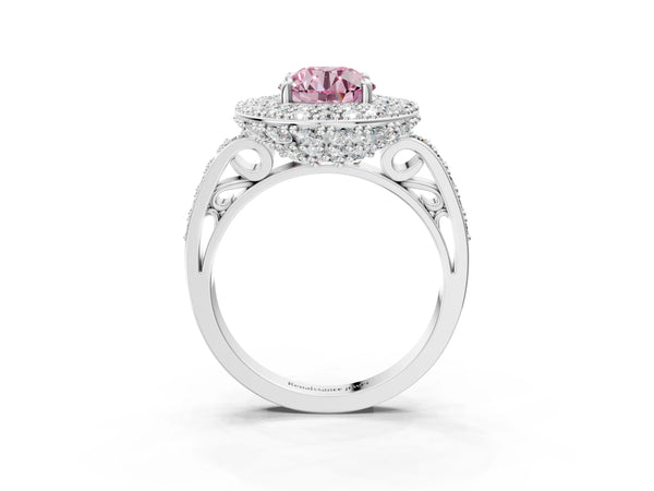 Silver Fancy Pink Round Cut Diamond Double Halo Ring with Pavé Band and Four-Prong Setting