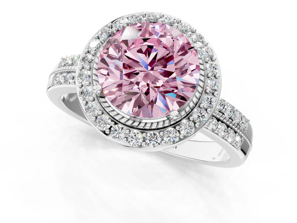Silver Fancy Pink Round Cut Diamond Double Halo Ring with Split Shank and Four-Prong Setting