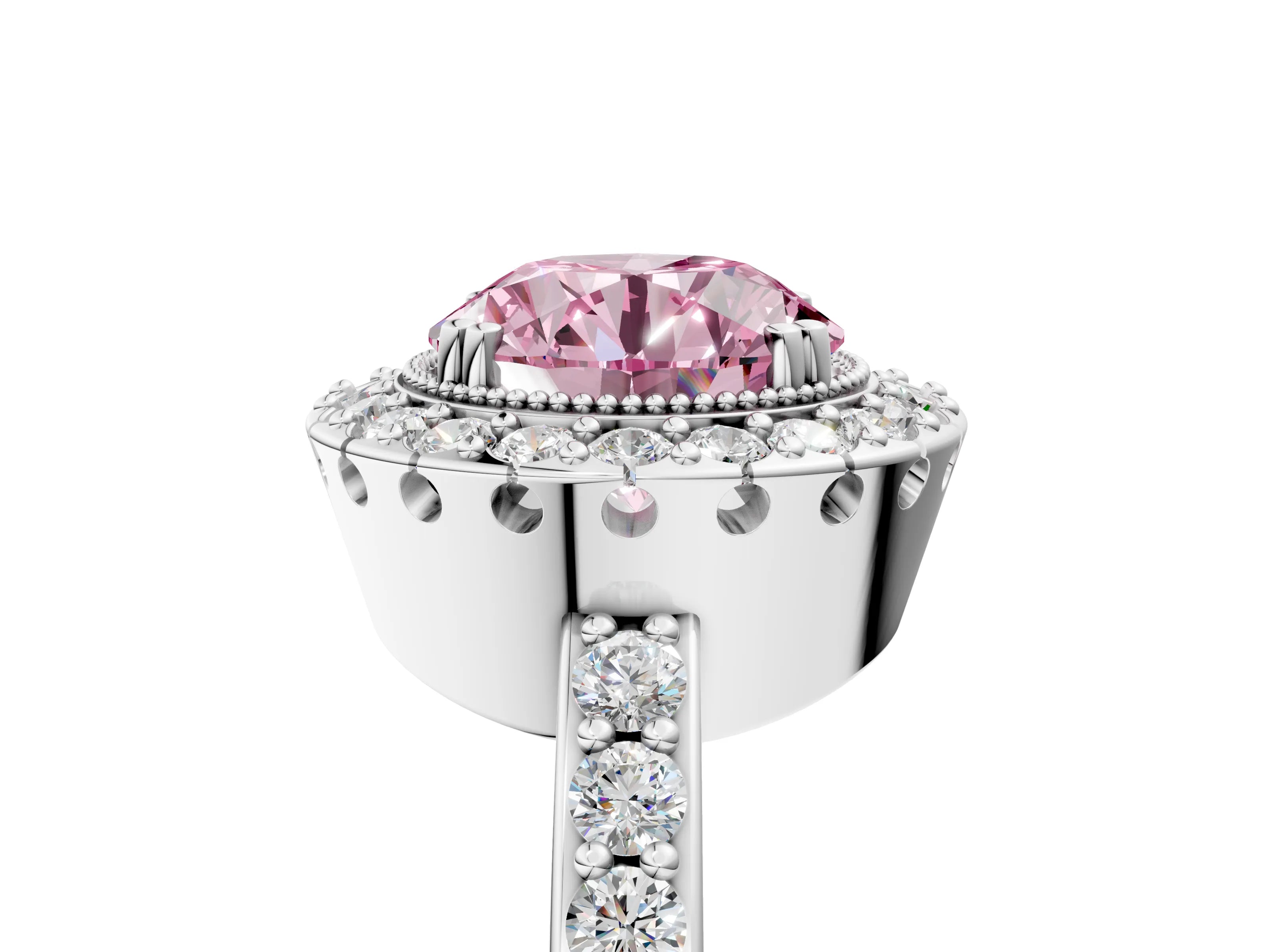 Silver Fancy Pink Round Cut Diamond Halo Ring with Pavé Band and Prong Setting_11