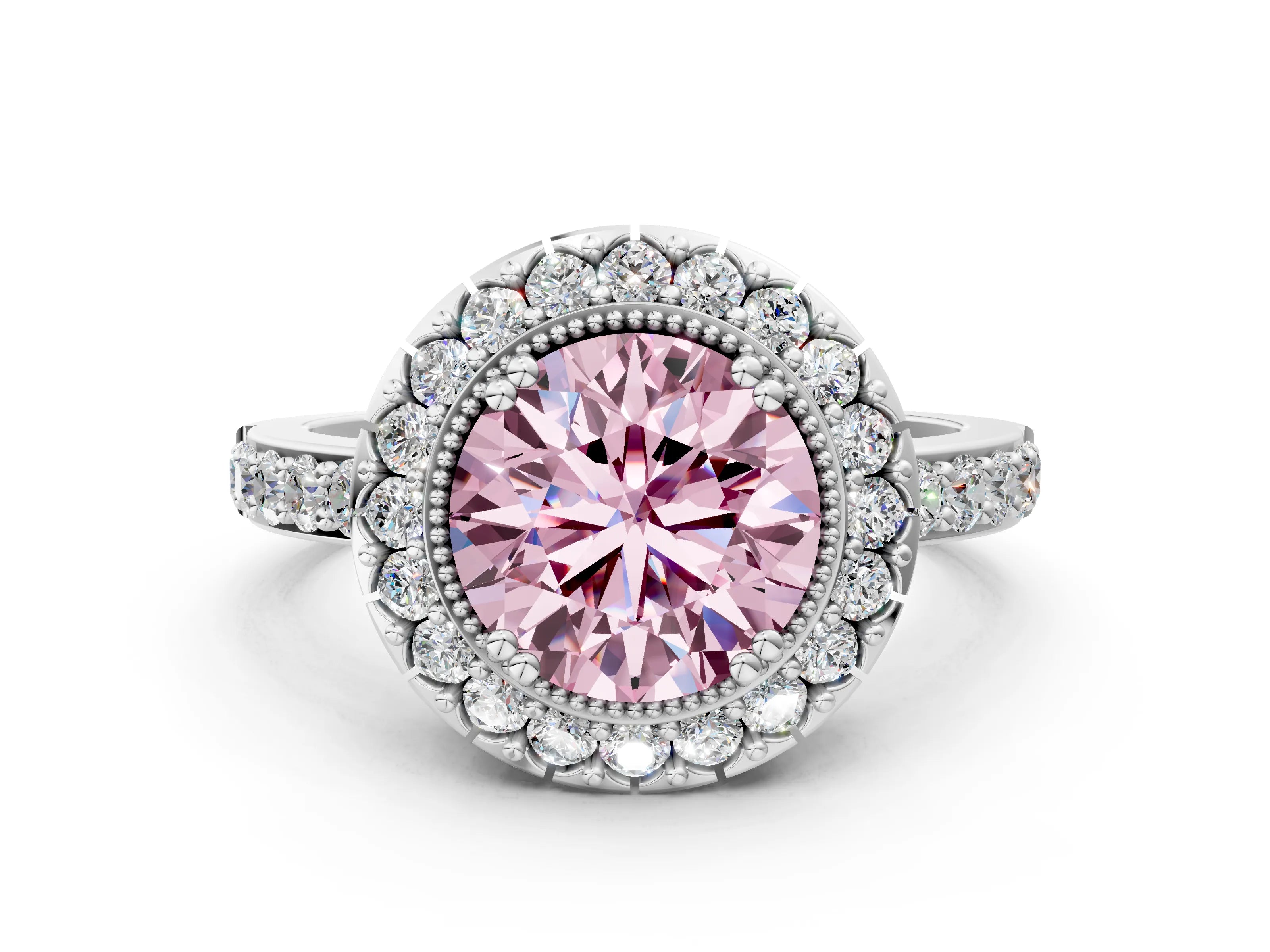 Silver Fancy Pink Round Cut Diamond Halo Ring with Pavé Band and Prong Setting_24