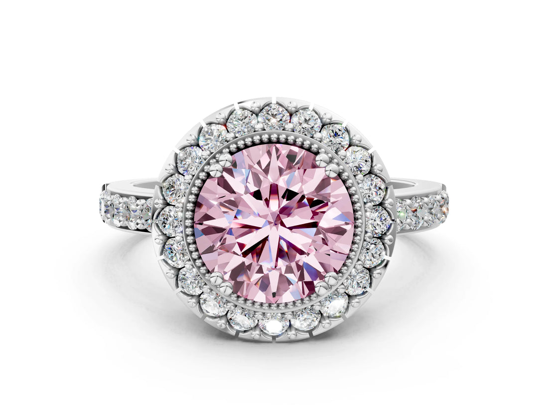 Silver Fancy Pink Round Cut Diamond Halo Ring with Pavé Band and Prong Setting_24