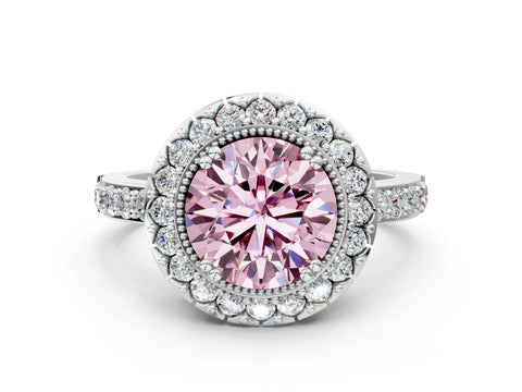 Silver Fancy Pink Round Cut Diamond Halo Ring with Pavé Band and Prong Setting_24