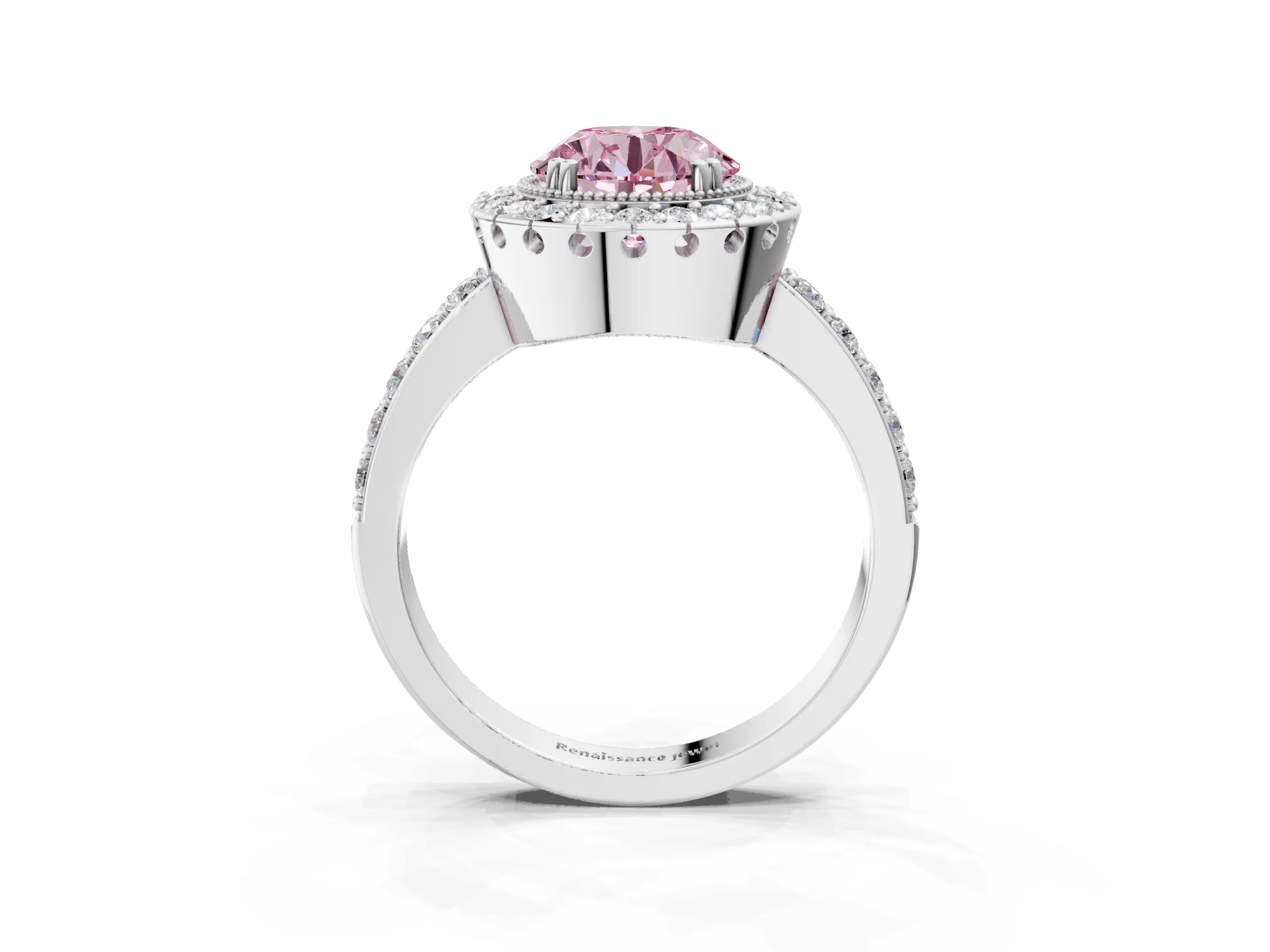 Silver Fancy Pink Round Cut Diamond Halo Ring with Pavé Band and Prong Setting_27