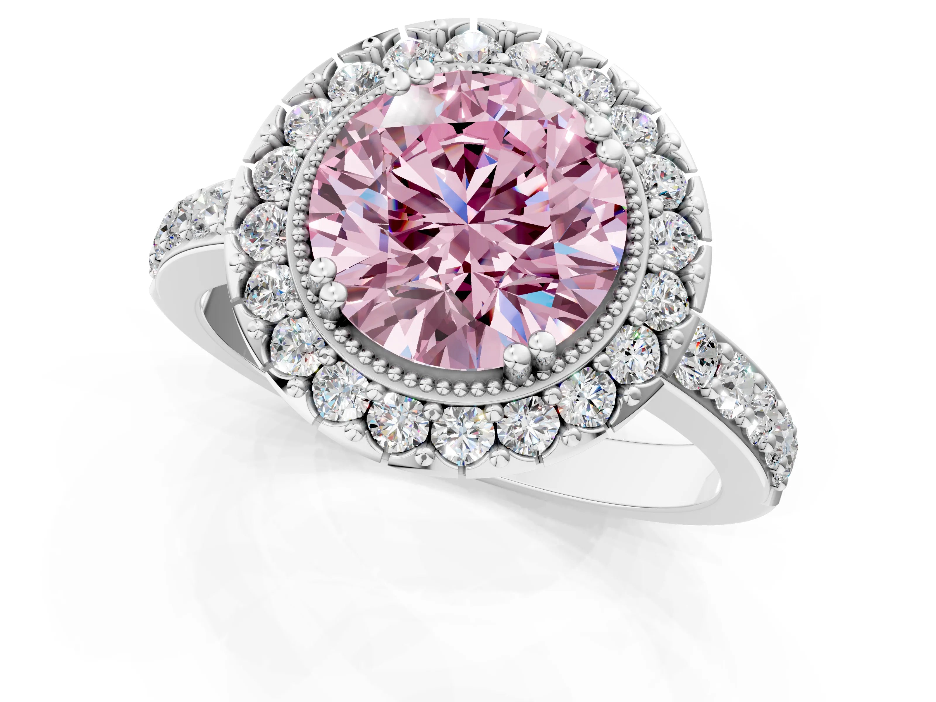 Silver Fancy Pink Round Cut Diamond Halo Ring with Pavé Band and Prong Setting_7