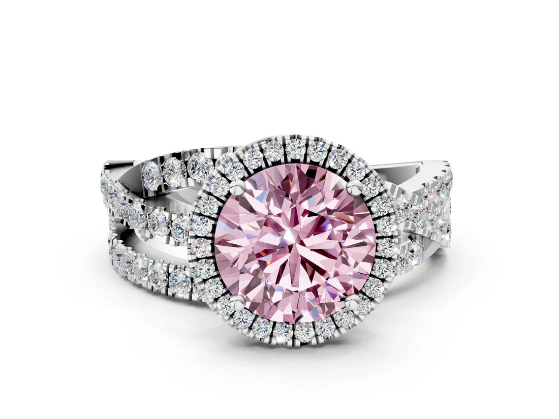 Silver Fancy Pink Round Cut Diamond Halo Ring with Round Split Shank and Prong Setting_12