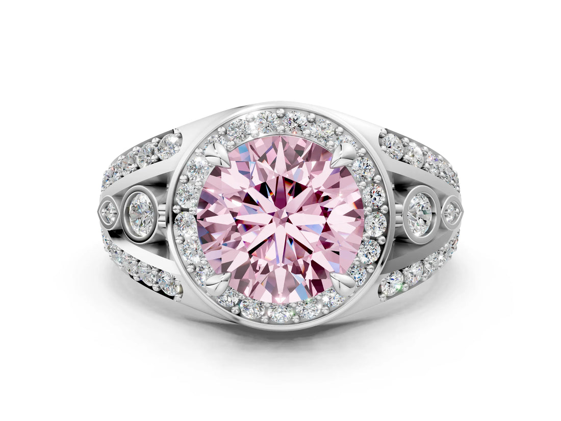 Silver Fancy Pink Round Cut Diamond Halo Ring with Split Shank and Bezel Accents and Four-Prong Setting_6