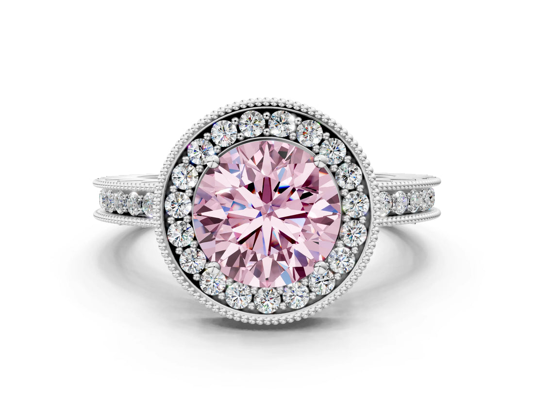 Silver Fancy Pink Round Cut Diamond Milgrain Halo Engagement Ring with Round Pavé Band and Prong Setting_12