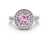 Silver Fancy Pink Round Cut Diamond Milgrain Halo Engagement Ring with Round Pavé Band and Prong Setting_12