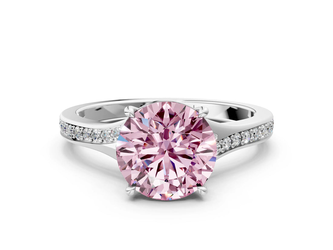 Silver Fancy Pink Round Cut Diamond Solitaire Ring with Pavé Band and Prong Setting_12