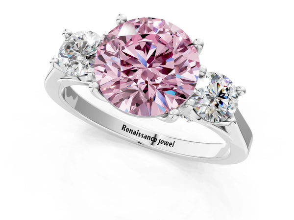 Silver Fancy Pink Round Cut Diamond Three-Stone Engagement Ring with Prong Setting and Pavé Band