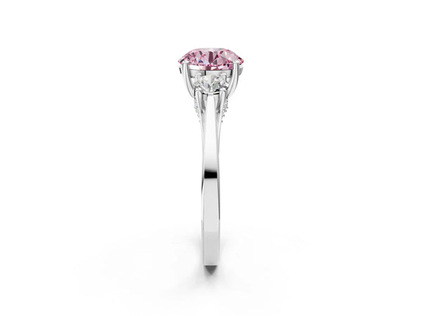 Silver Fancy Pink Round Cut Diamond Three-Stone Engagement Ring with Prong Setting and Pavé Band