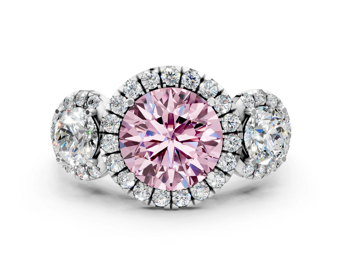 Silver Fancy Pink Round Cut Diamond Three-Stone Halo Ring with Prong Setting and Pavé Accents_6
