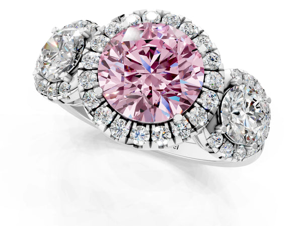 Sterling Silver Round Three Stone Halo Engagement Ring Setting for Fancy Pink Center
