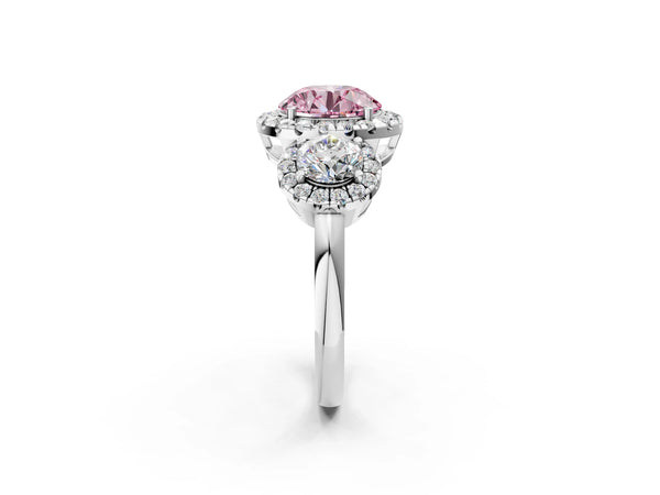 Sterling Silver Round Three Stone Halo Engagement Ring Setting for Fancy Pink Center