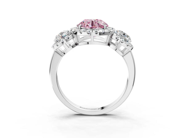 Sterling Silver Round Three Stone Halo Engagement Ring Setting for Fancy Pink Center