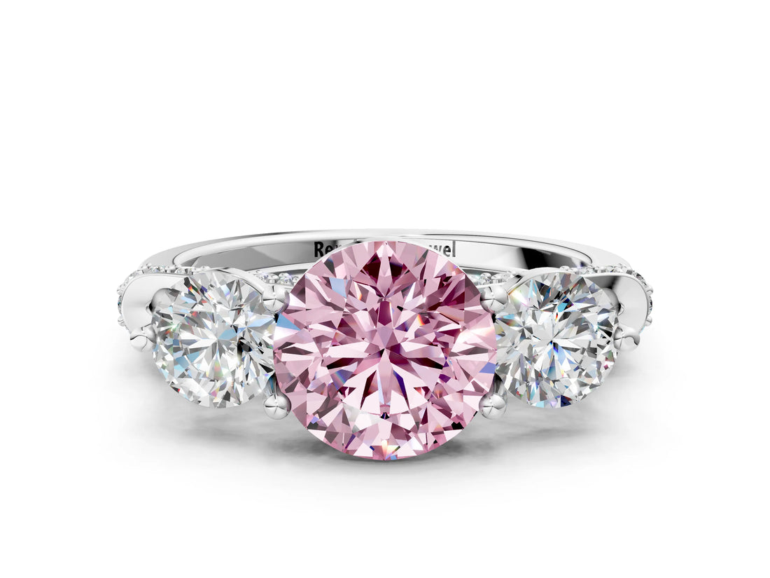 Silver Fancy Pink Round Cut Diamond Three-Stone Ring with Prong Setting and Pavé Band_6