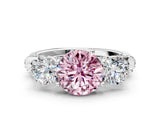 Silver Fancy Pink Round Cut Diamond Three-Stone Ring with Prong Setting and Pavé Band_6
