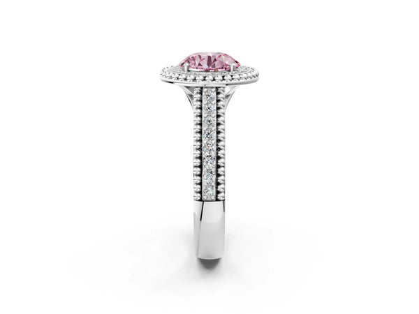 Sterling Silver Round Beaded Halo Engagement Ring Setting for Fancy Pink Center with Pave