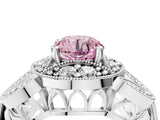 Silver Fancy Pink Round Cut Halo Milgrain Diamond Engagement Ring with Leaf Band and Four-Prong Setting_16