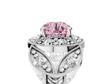 Silver Fancy Pink Round Cut Halo Milgrain Diamond Engagement Ring with Leaf Band and Four-Prong Setting_17