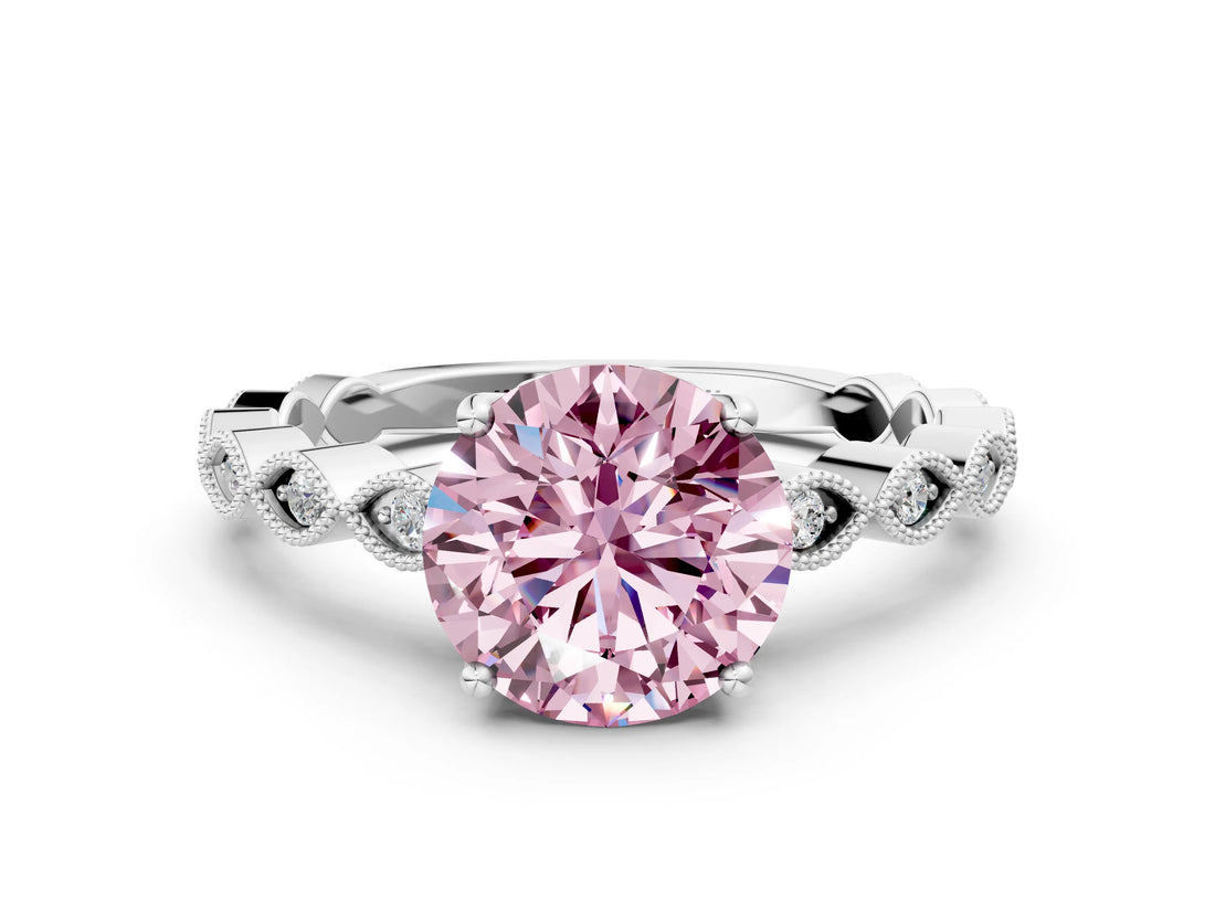 Silver Fancy Pink Round Cut Solitaire Diamond Ring with Infinity Twist Band and Four-Prong Setting_12