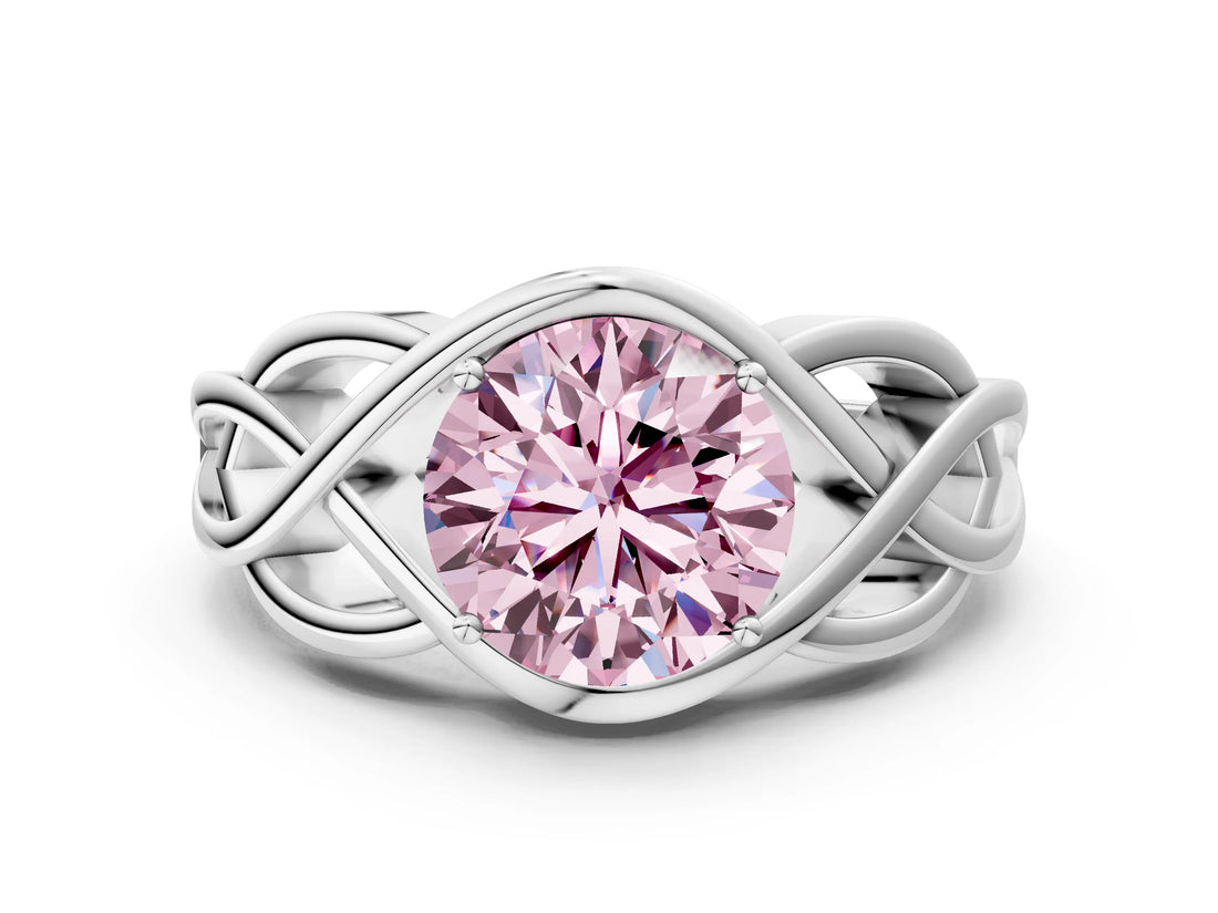 Silver Fancy Pink Round Cut Solitaire Intertwined Band Prong Setting Ring_6