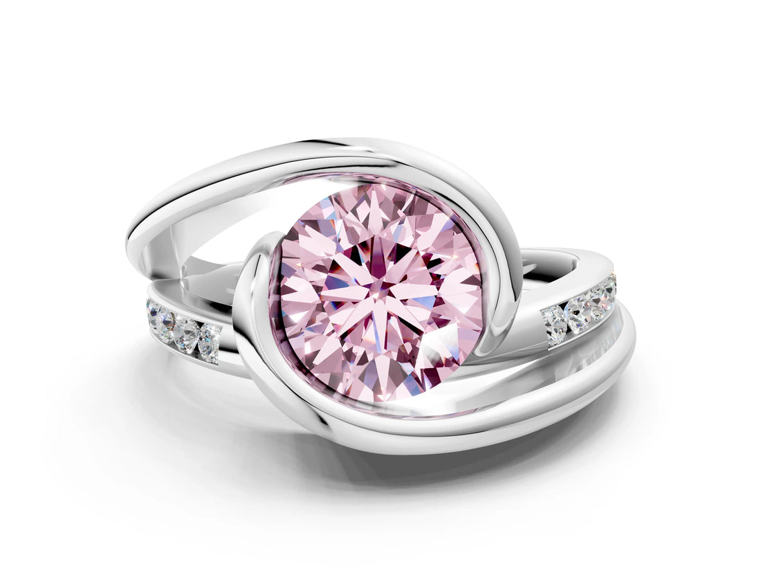 Silver Fancy Pink Round Cut Solitaire Tension-Set Diamond Split Shank Ring_6