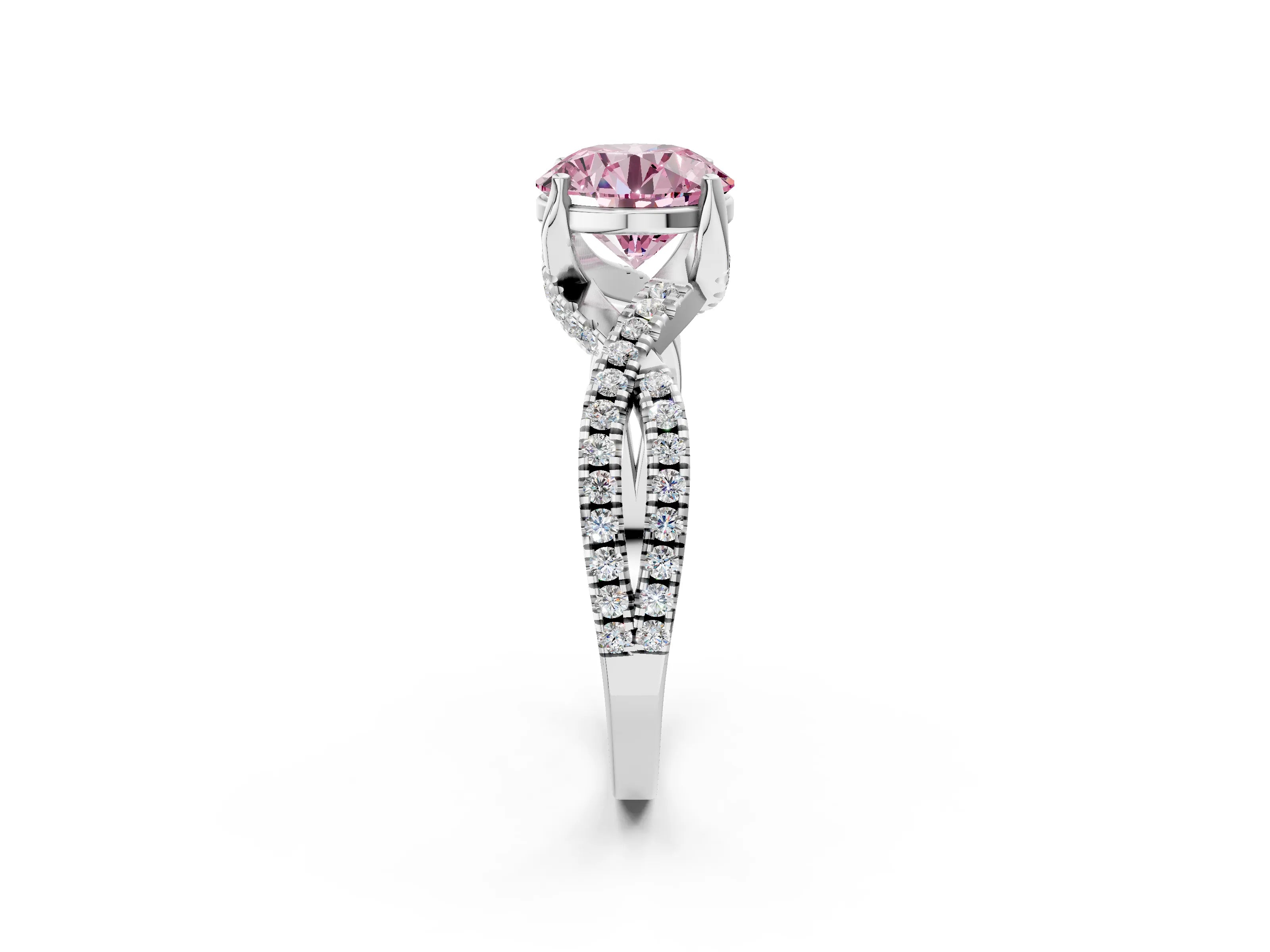 Silver Fancy Pink Round Cut Solitaire Twist Pave Diamond Engagement Ring with Prong Setting_68