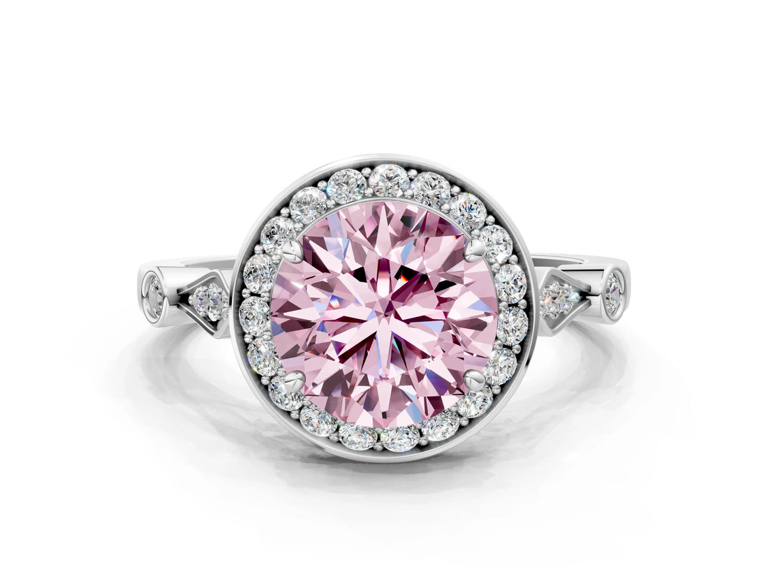 Silver Fancy Pink Round  Halo Diamond Engagement Ring with Twisted Band and Four-Prong Setting