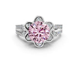 Silver Fancy Pink Round  Halo Diamond Floral Split Shank Engagement Ring