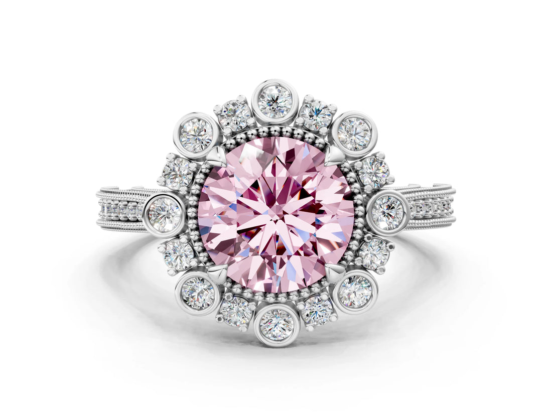 Silver Fancy Pink Round  Halo Milgrain Pave Diamond Ring with Four-Prong Setting
