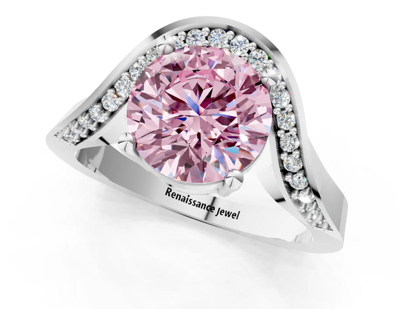 Sterling Silver Round Pave Bypass Solitaire Engagement Ring Setting for Fancy Pink Center