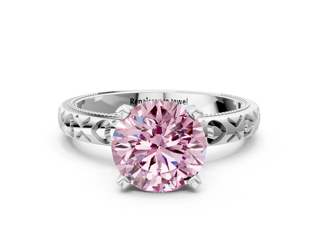 Silver Fancy Pink Round  Solitaire Diamond Engagement Ring with XO Engraved Band and Four-Prong Setting 1