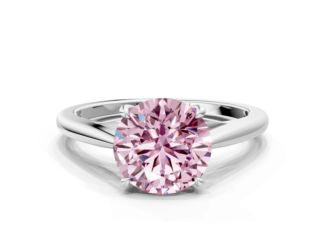 Silver Fancy Pink Round  Solitaire Engagement Ring with Four-Prong Setting and Classic Band