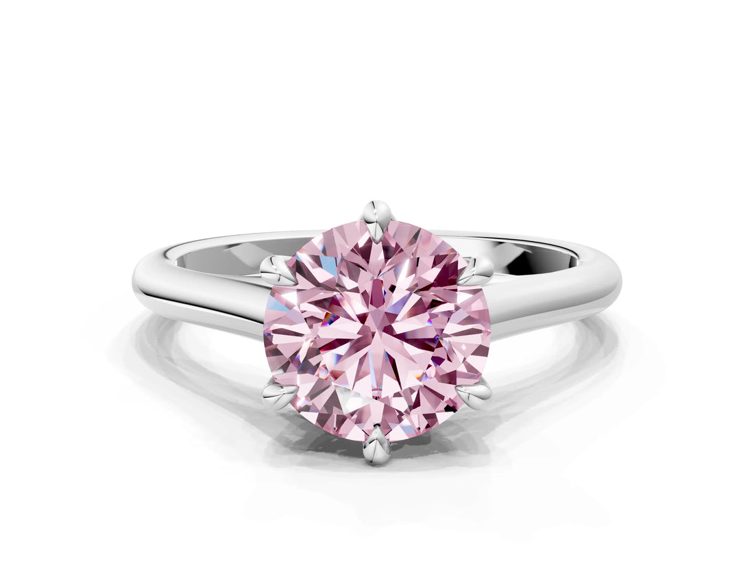 Silver Fancy Pink Round  Solitaire Engagement Ring with Six-Prong Setting and Classic Band