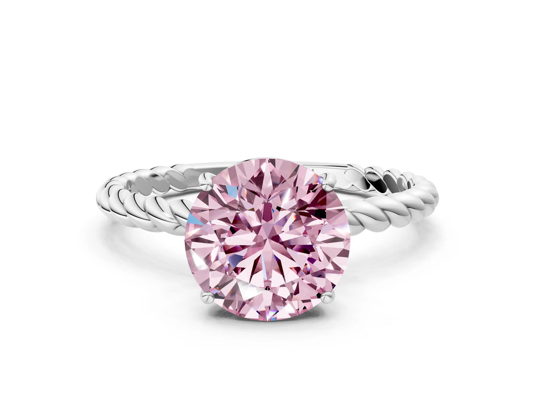 Silver Fancy Pink Round  Solitaire Twist Band Ring with Four-Prong Setting_1